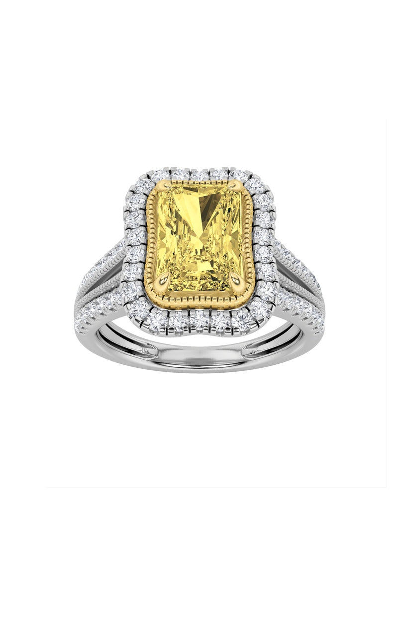 2.5Cttw Radiant Shaped Fancy Yellow Lab Grown Diamond (F/VS) Split Shank Halo Engagement Ring in 14K Gold