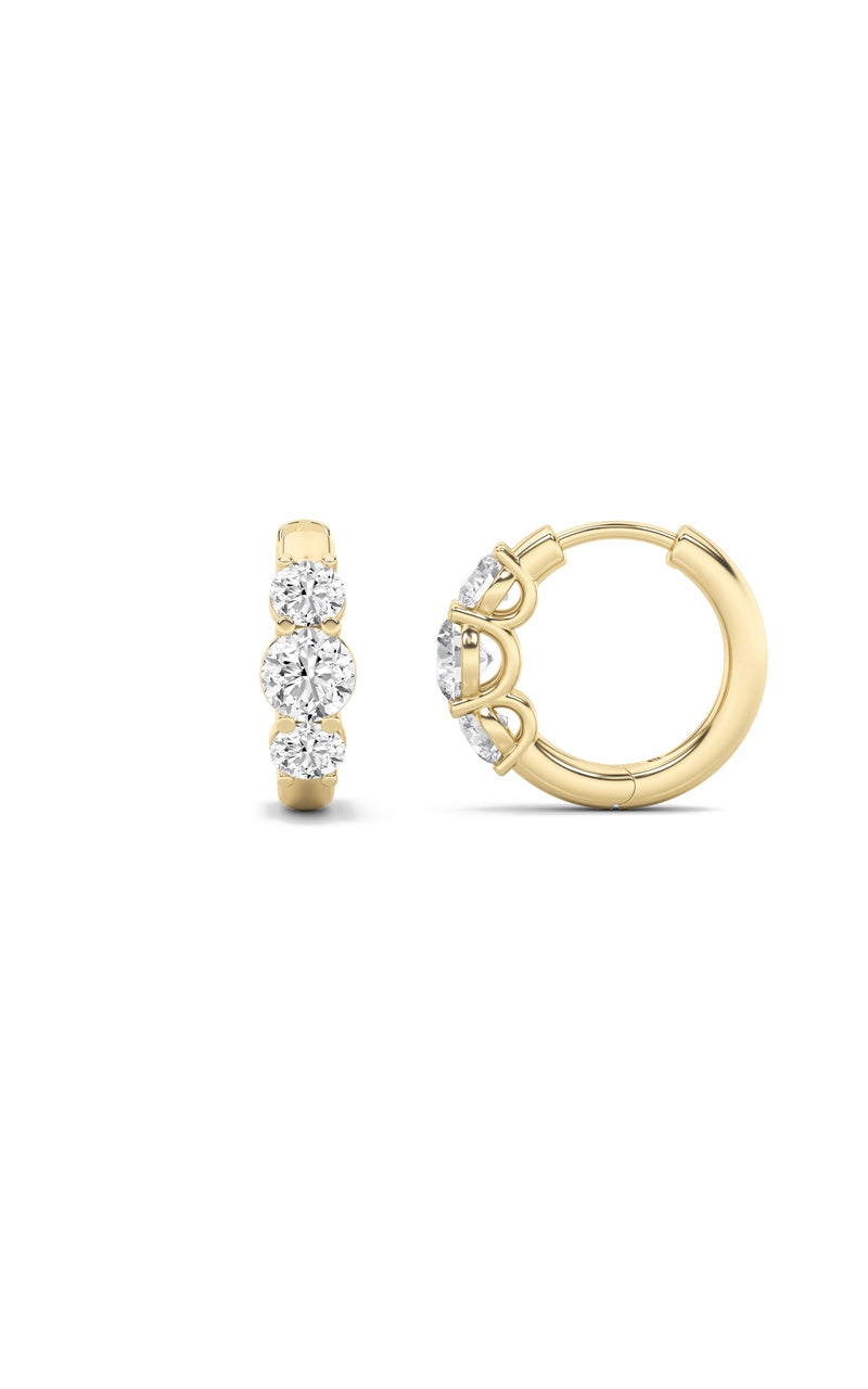 2Cttw Round Shaped Lab Grown Diamond (F/VS) Three Stone Huggie Earrings in 14K Gold