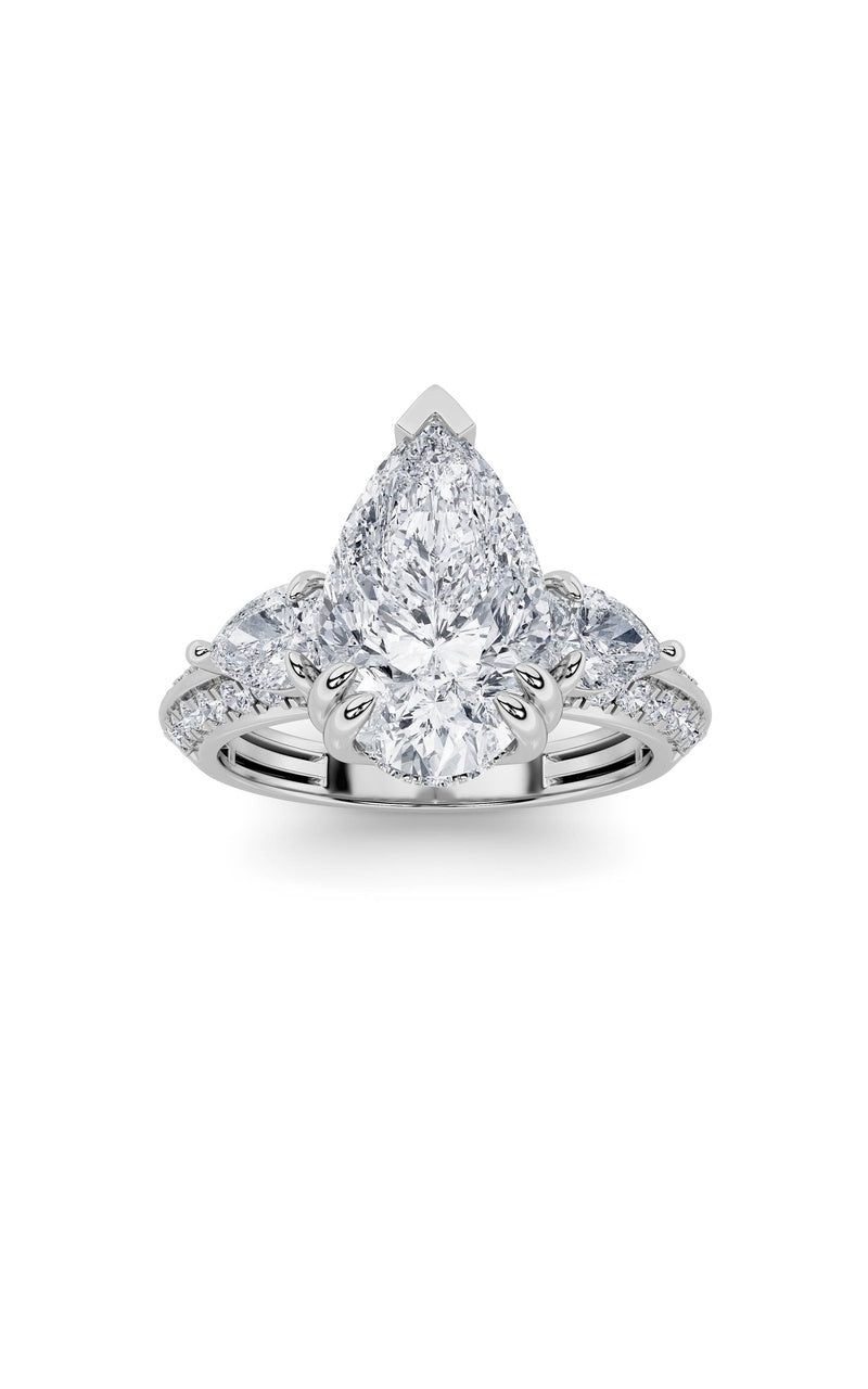 3.5Cttw Pear Shaped Lab Grown Diamond (F/VS) Three Stone Accented Engagement Ring in 14K Gold